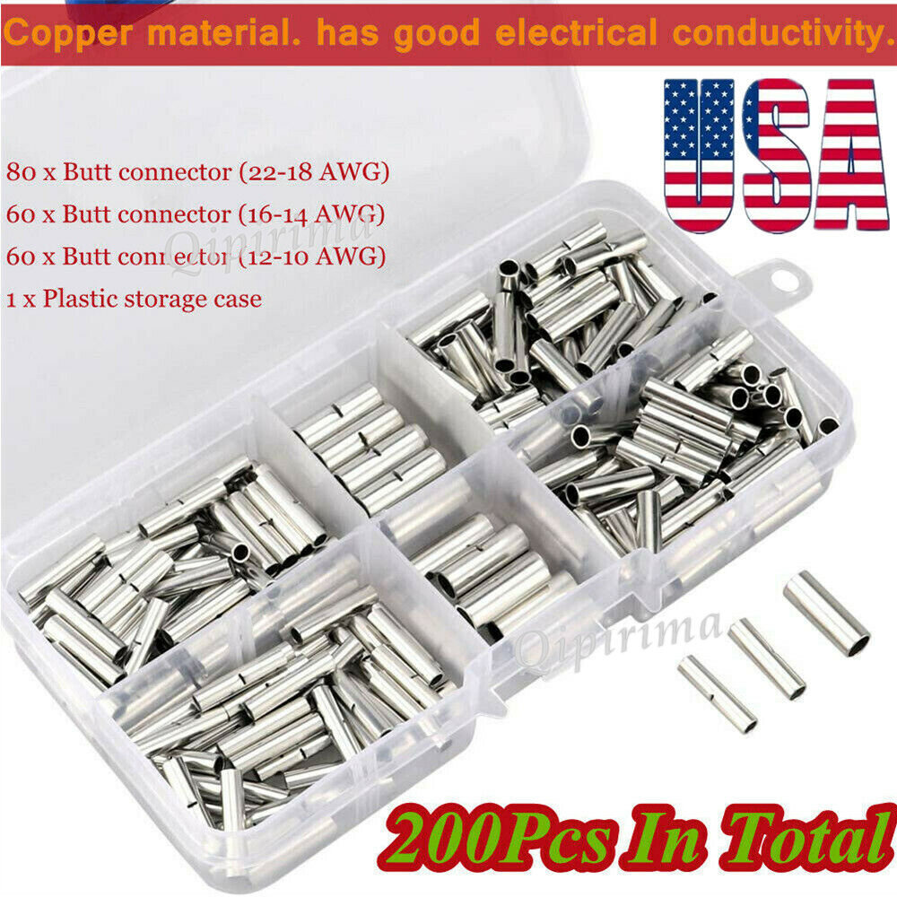 200pcs Non-Insulated Crimp Butt Connector Wire Terminals 10-22AWG