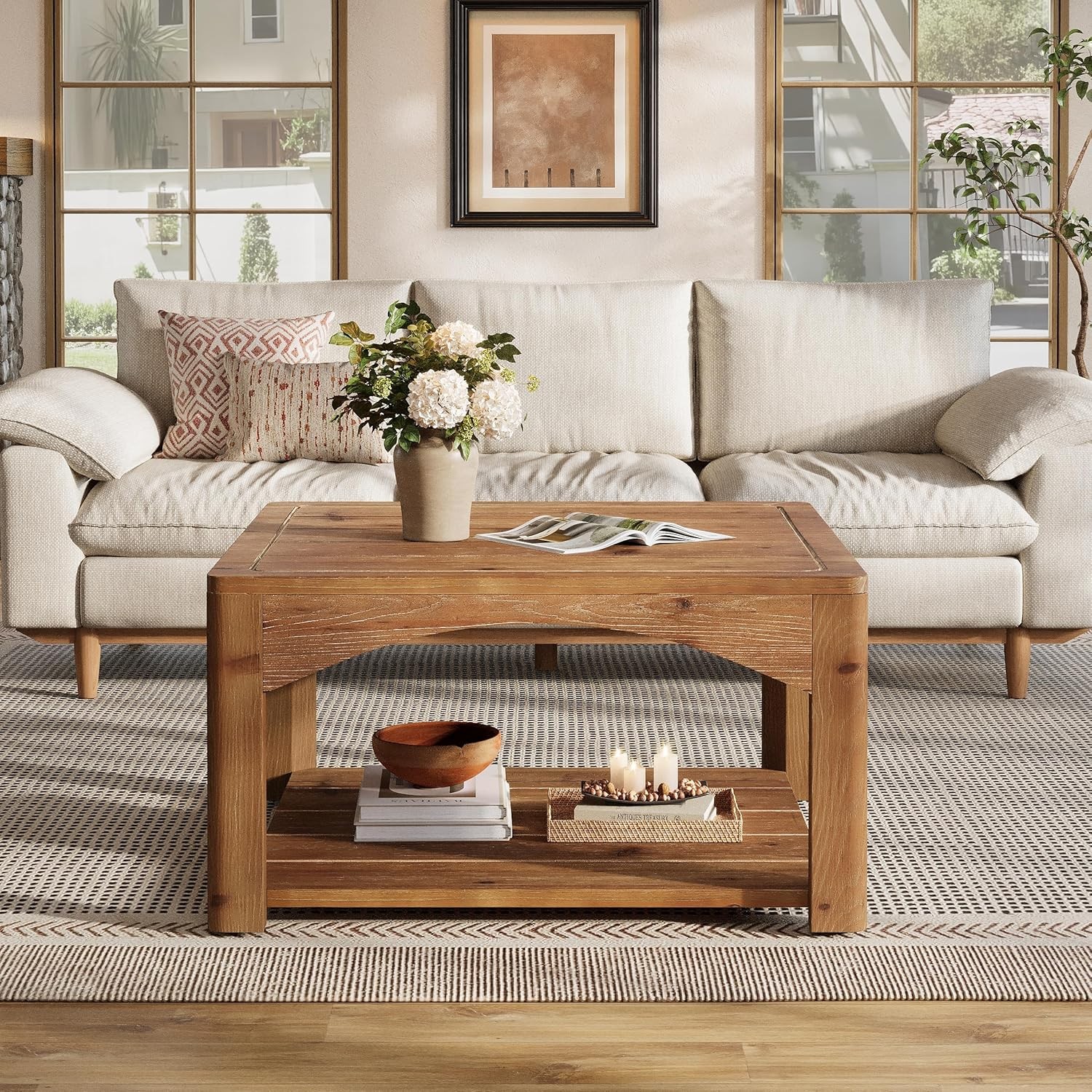 31.5-Inch Solid Wood Coffee Table 2 Tier Square Center Table for Living Room