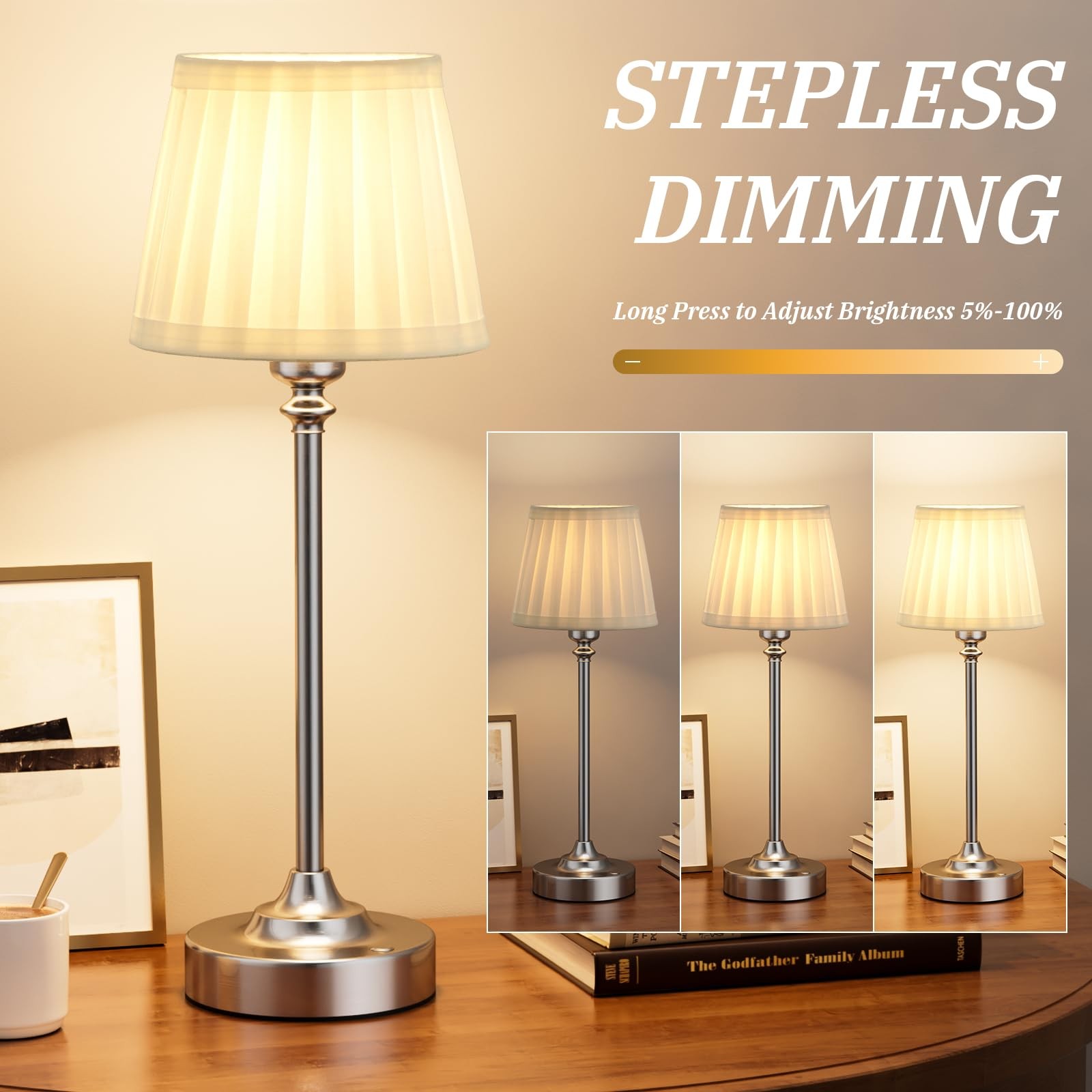 Kakanuo Cordless Table Lamp Rechargeable Silver - 4000mAh Battery, Dimmable