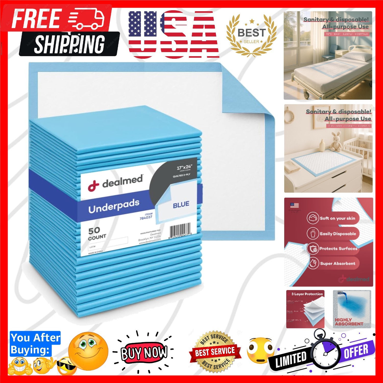 Disposable Underpads - 24 x 17 in Standard Absorbency - 50 Pads | 3-Layer Des...