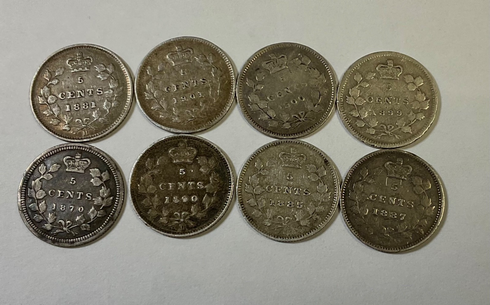 1870 to 1901 Canada 8 piece collectors lot Victoria Five Cents Silvers good mix!