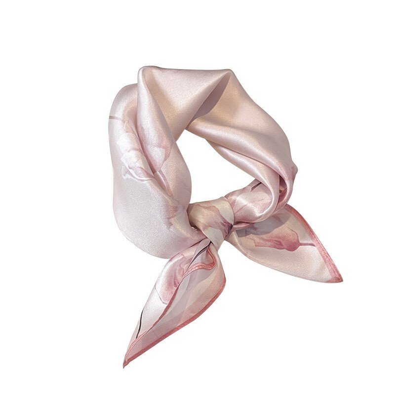 100% Mulberry 20'' Silk Scarf Women Vintage Pink Lotus Neckerchief Small Turban