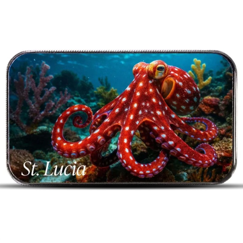 Presale 2025 1 oz EC8 St. Lucia Caribbean Reef Octopus Silver Proof Bar (Color..