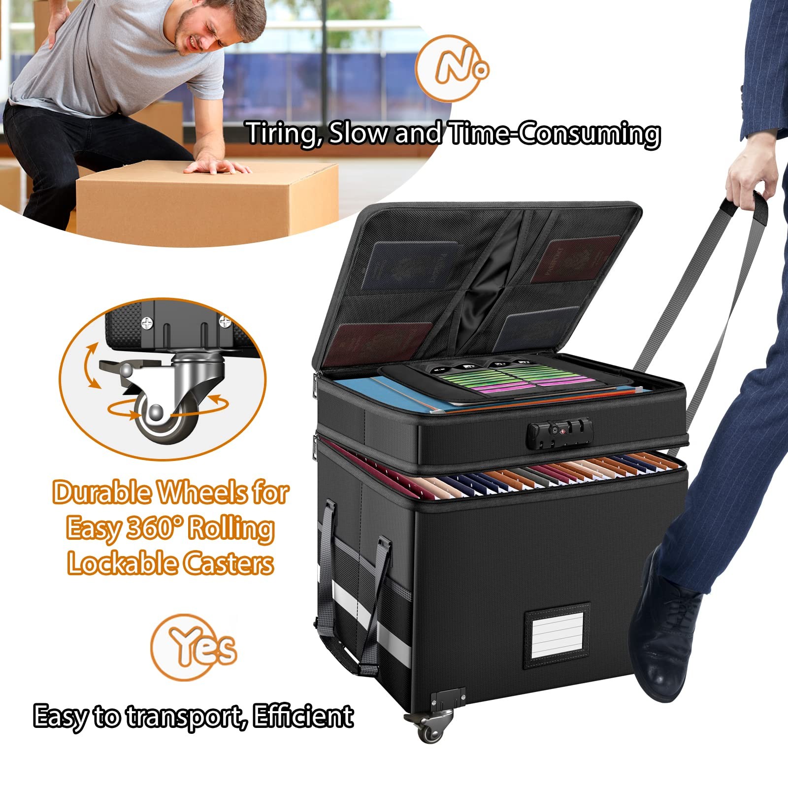 DocSafe Fireproof Document Box with Lock,2-Layer File Box with Wheels,Collaps...