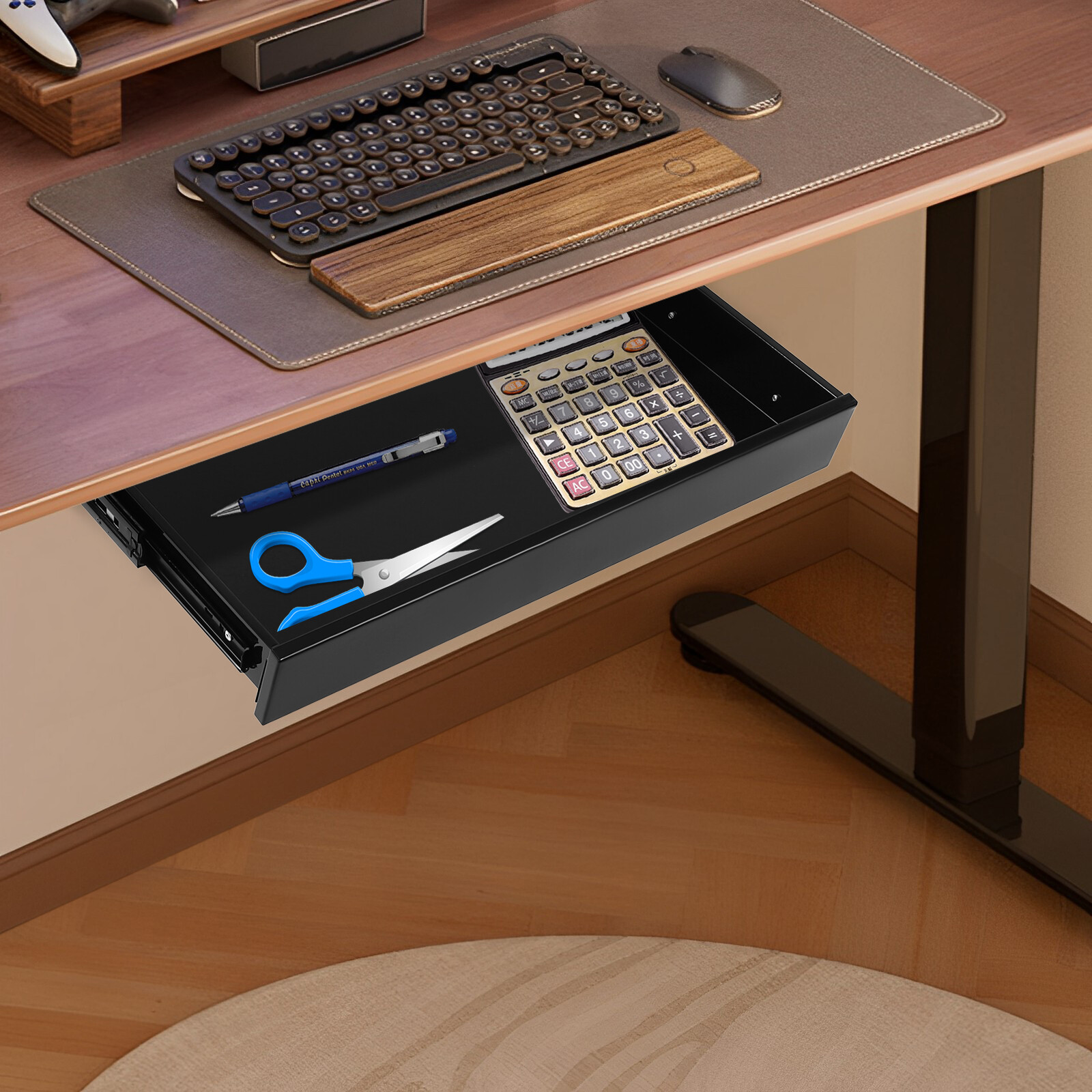 Under Desk Mounted Sliding Pull-out Drawer Storage Organizer For Workstations