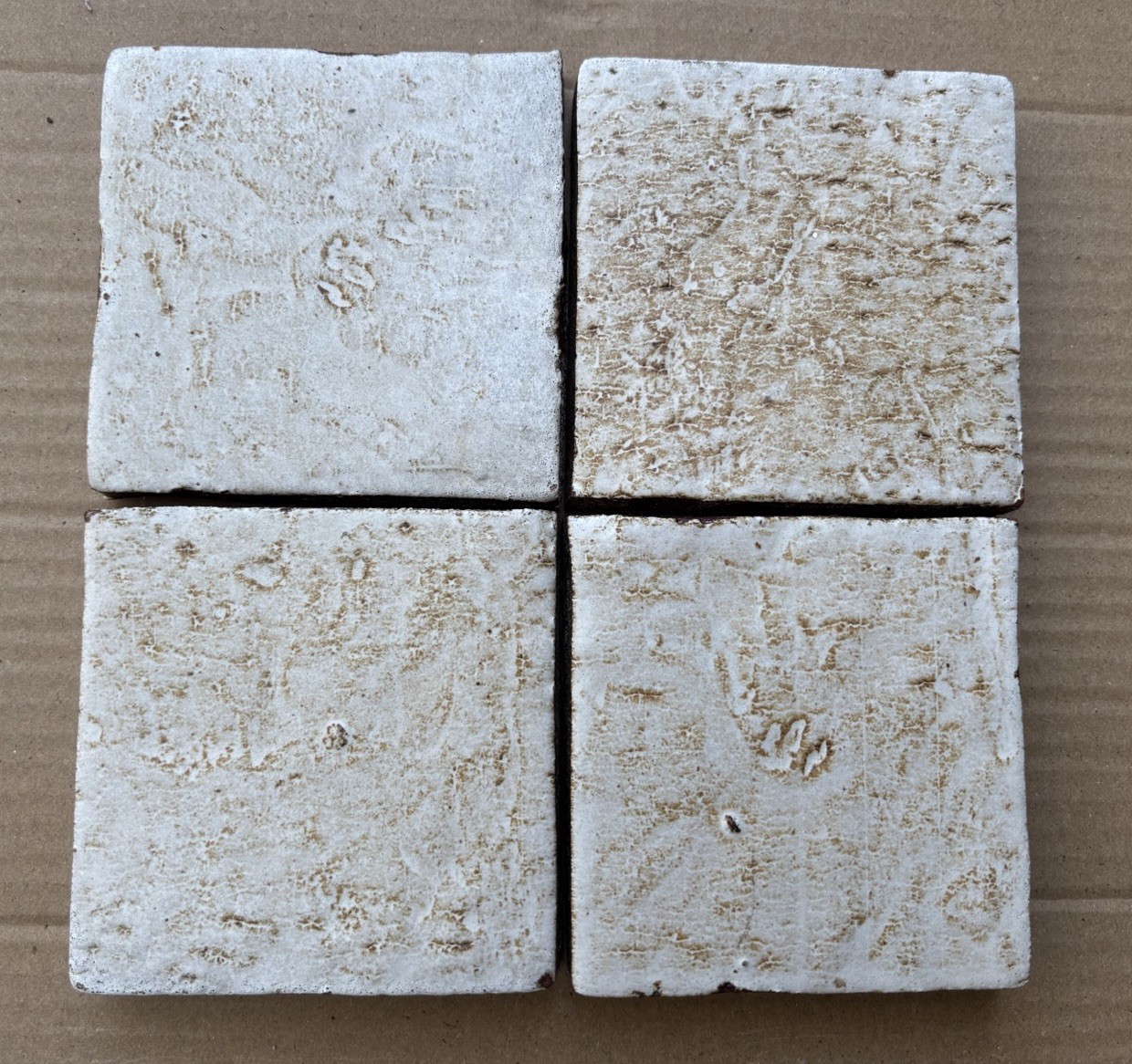 4 Vintage Hand Made Mottled Glazed Field Tile THICK 3 7/8"sq Set of  4 NOS #B