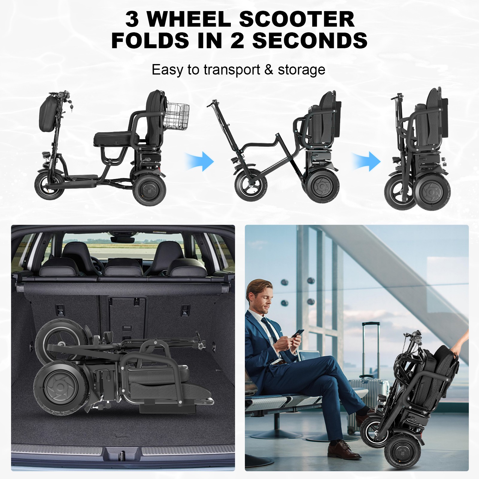 700W Foldable Mobility Scooter 20 miles 48V/10A + Another Airline Battery