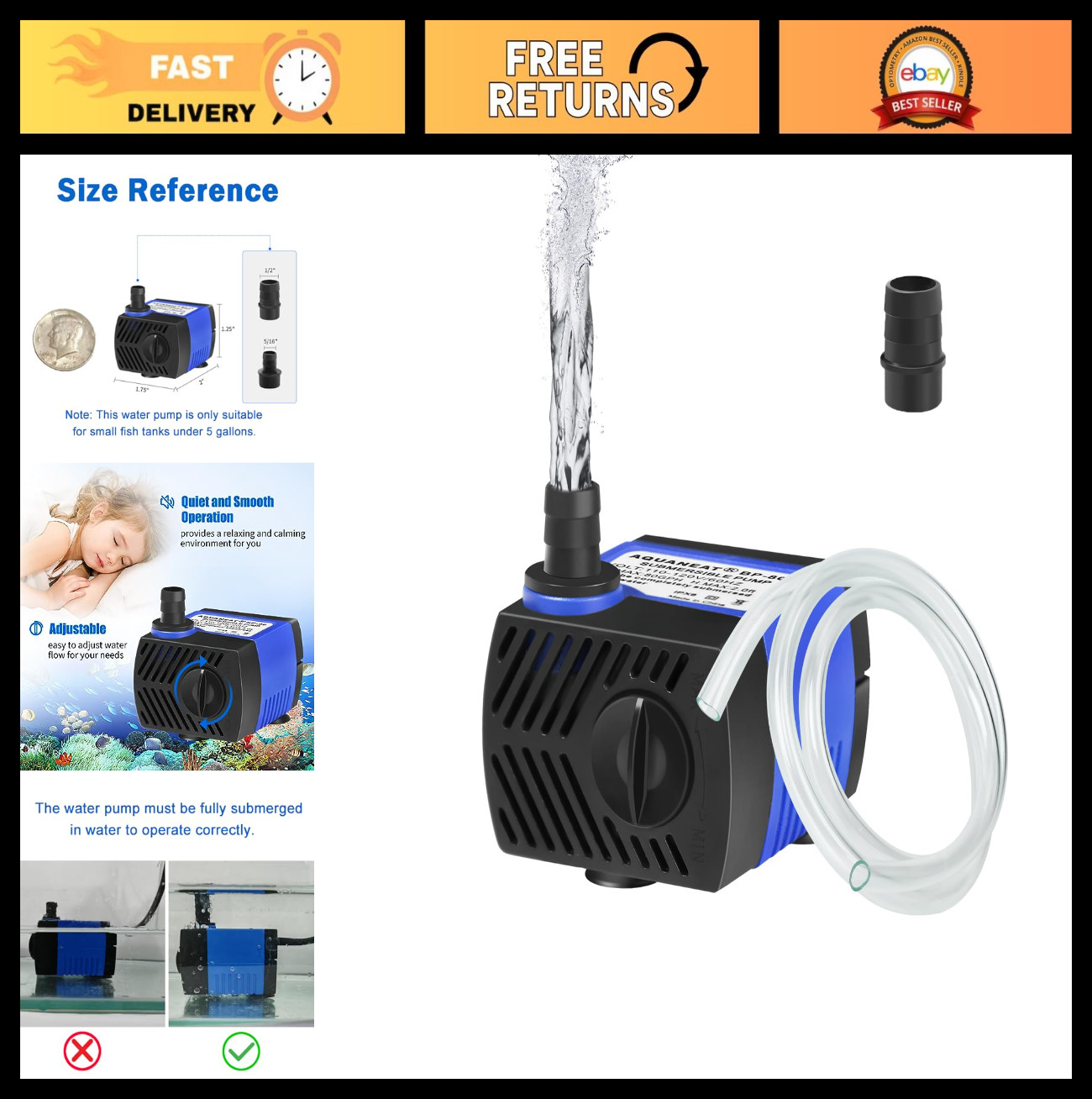 Mini Submersible Water Pump 80 GPH for Aquarium, Pet Fountain, Hydroponics, Pond
