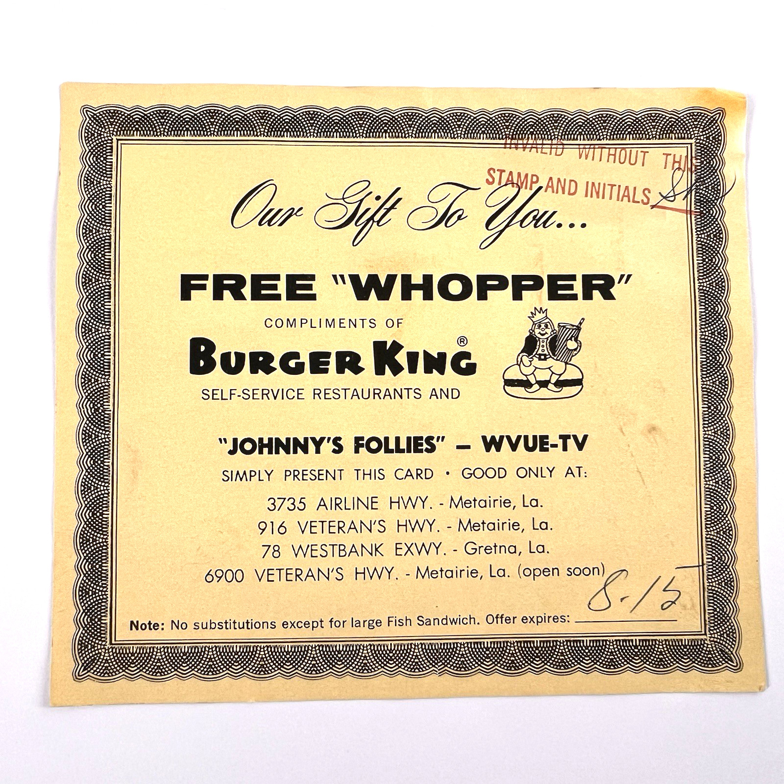 Burger King Ephemera Whopper Gift Certificate Metairie Gretna LA Johnnys Follies