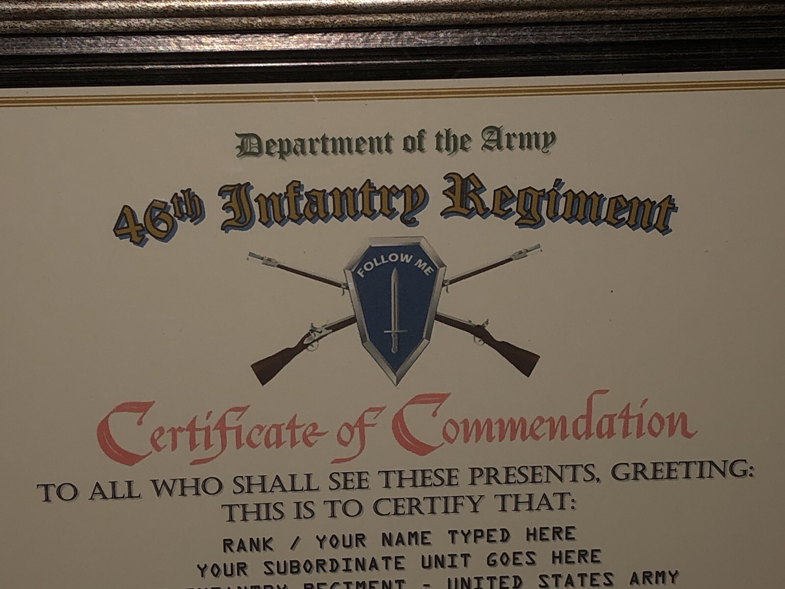 46TH INFANTRY REGIMENT / COMMEMORATIVE - CERTIFICATE OF COMMENDATION