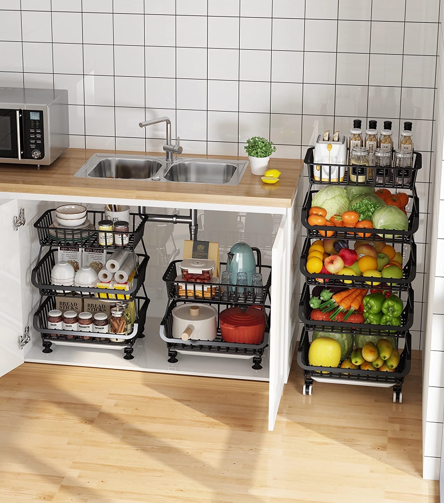 Fruit Vegetable Storage Baskets with Wheels, 6 Tier Stackable Wire Storage Ba...