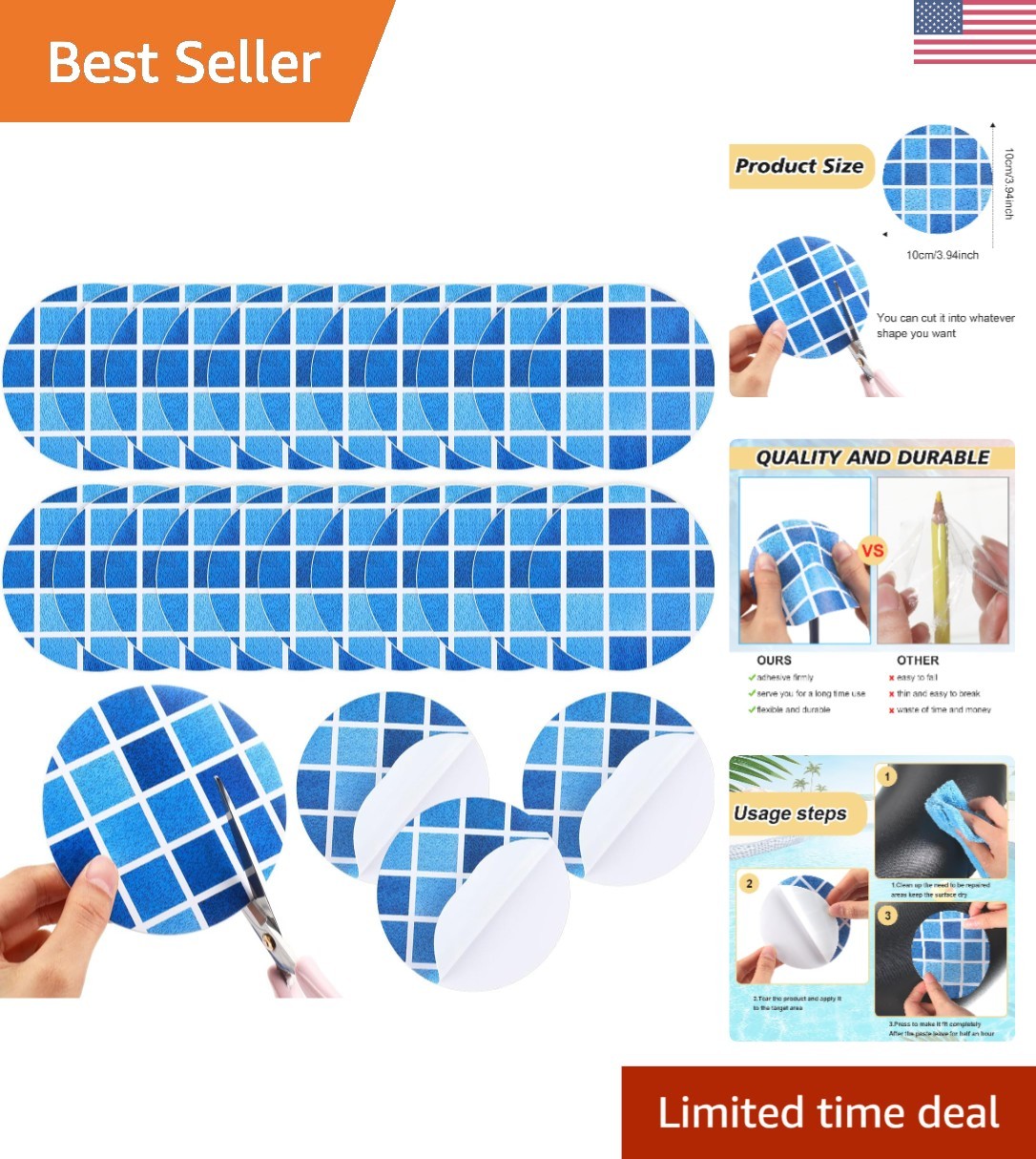 Gradient Blue Plaid Vinyl Repair Patches - 24 Pcs for Pools and Inflatable Gear