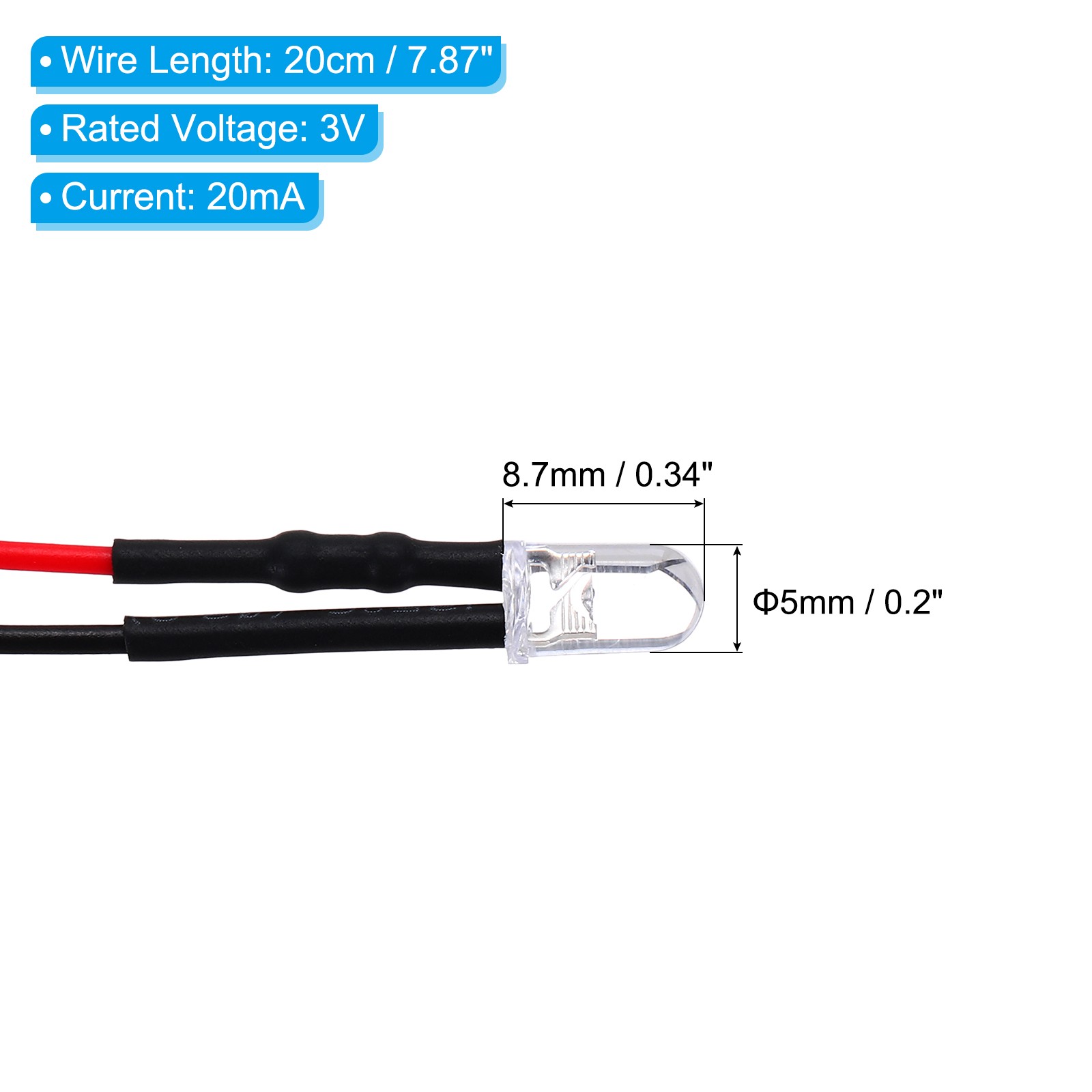 5mm LED Diode Light, 20 Pcs 3V DC, Cold White Light