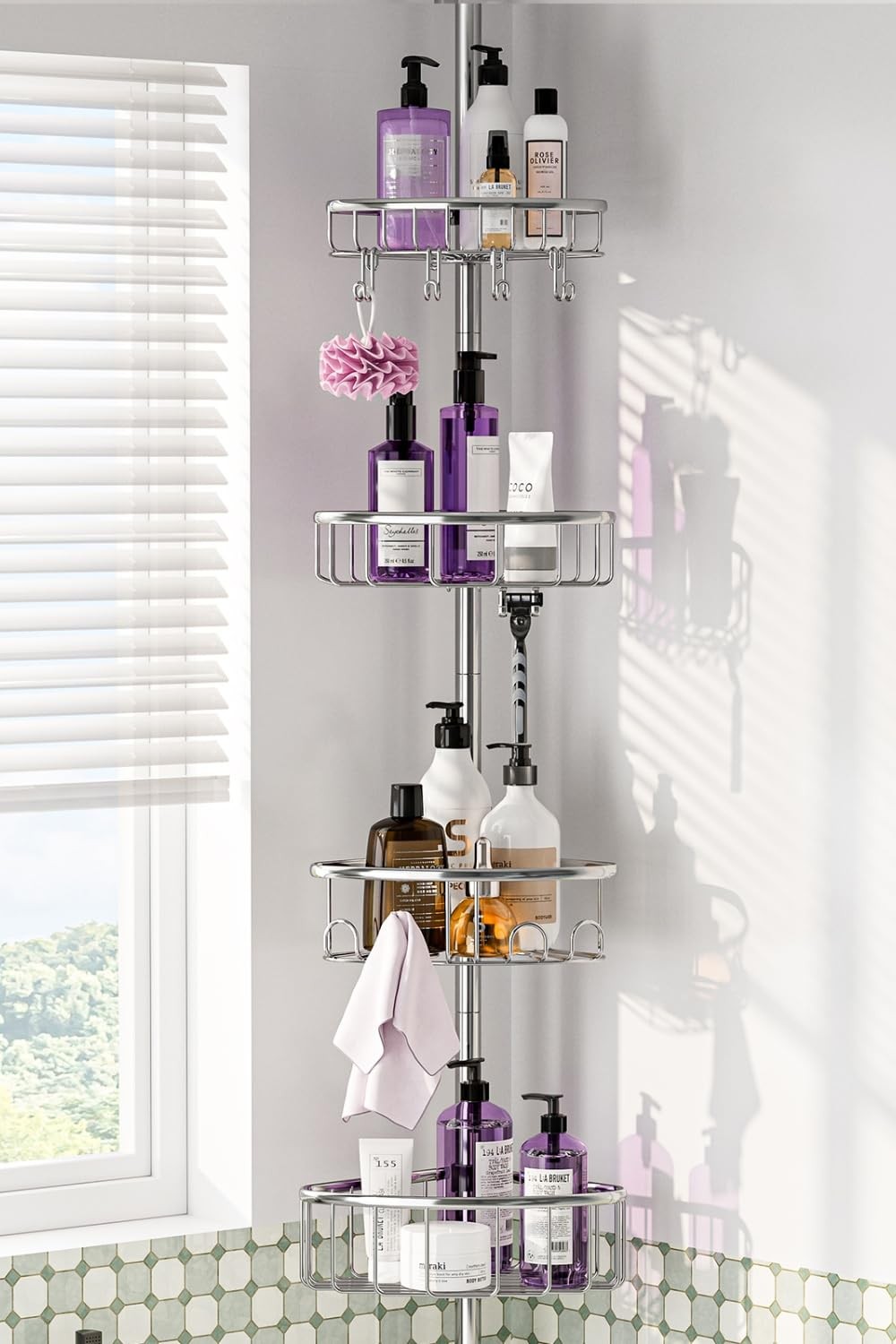 Corner Shower Caddy Tension Pole: Stainless Steel Rustproof 4-Tier Silver