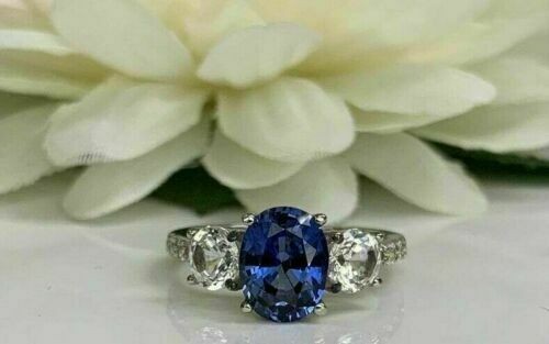 3.50 Ct Oval Cut Natural Sapphire Diamond Engagement Ring 14K White Gold Size 8