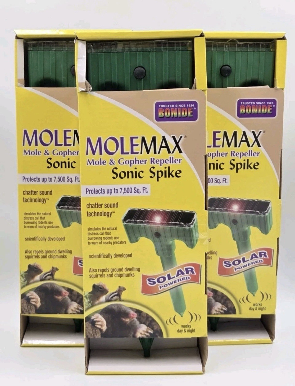 Lot Of 3 New Molemax Sonic Spike Solar Powered Mole and Gopher Repeller Bonide