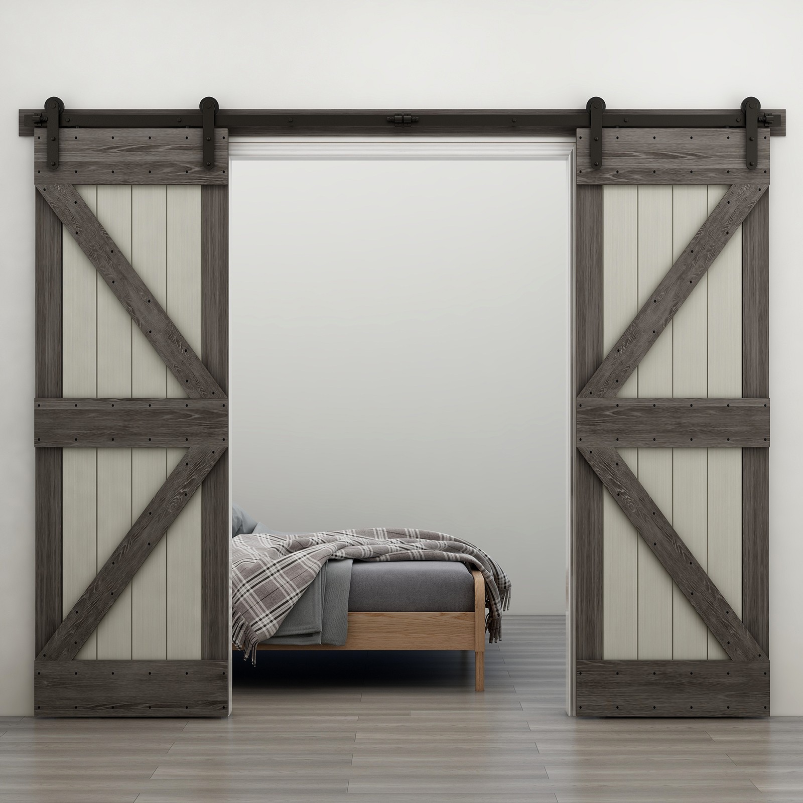 4-16FT Sliding Barn Door Hardware Kit Track Roller Kit Double Door (L Shape)