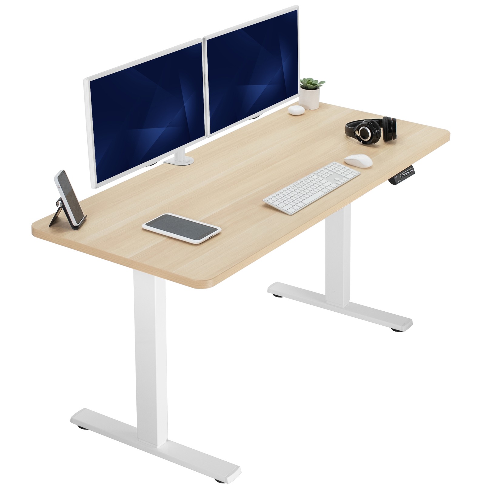 VIVO Electric 60” x 24” Stand Up Desk | Light Wood Table Top, White Frame