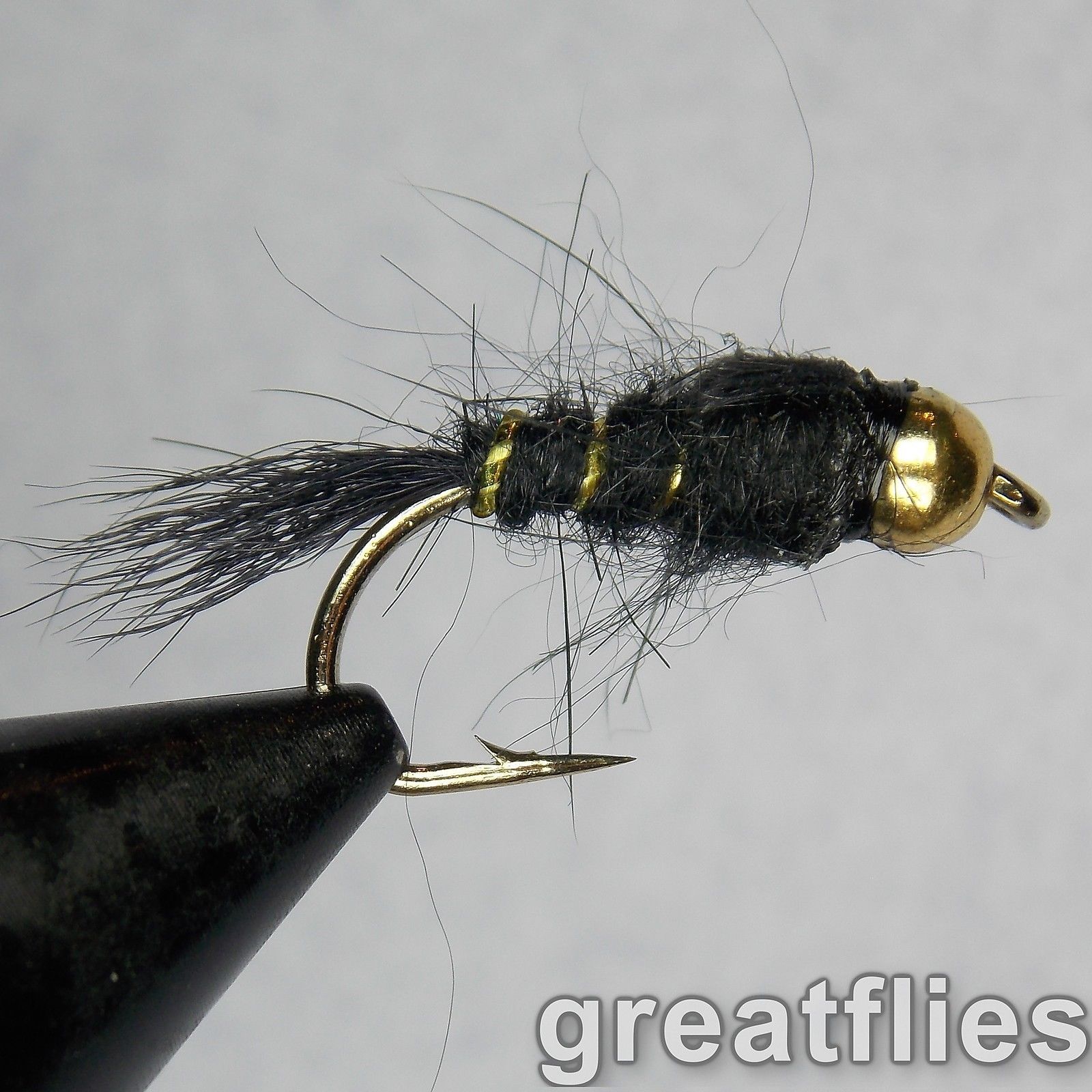 1 dozen (12) - Gold Ribbed Hare's Ear - BLACK - Bead Head