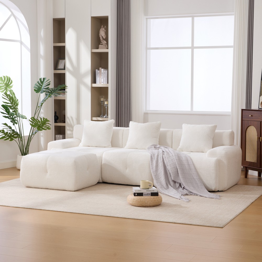 104.3" L-Shaped Modular Sectional Sofa w/ Ottoman & Pillows, Ivory