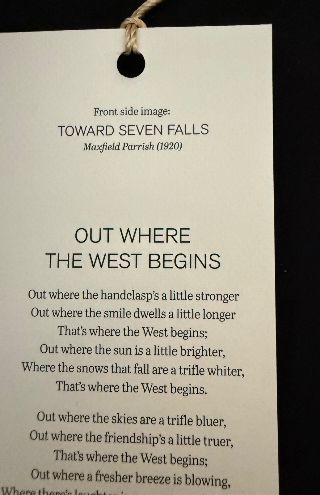 THE BROADMOOR SEVEN FALLS Colorado BOOKMARK | Out Where the West Begins POEM