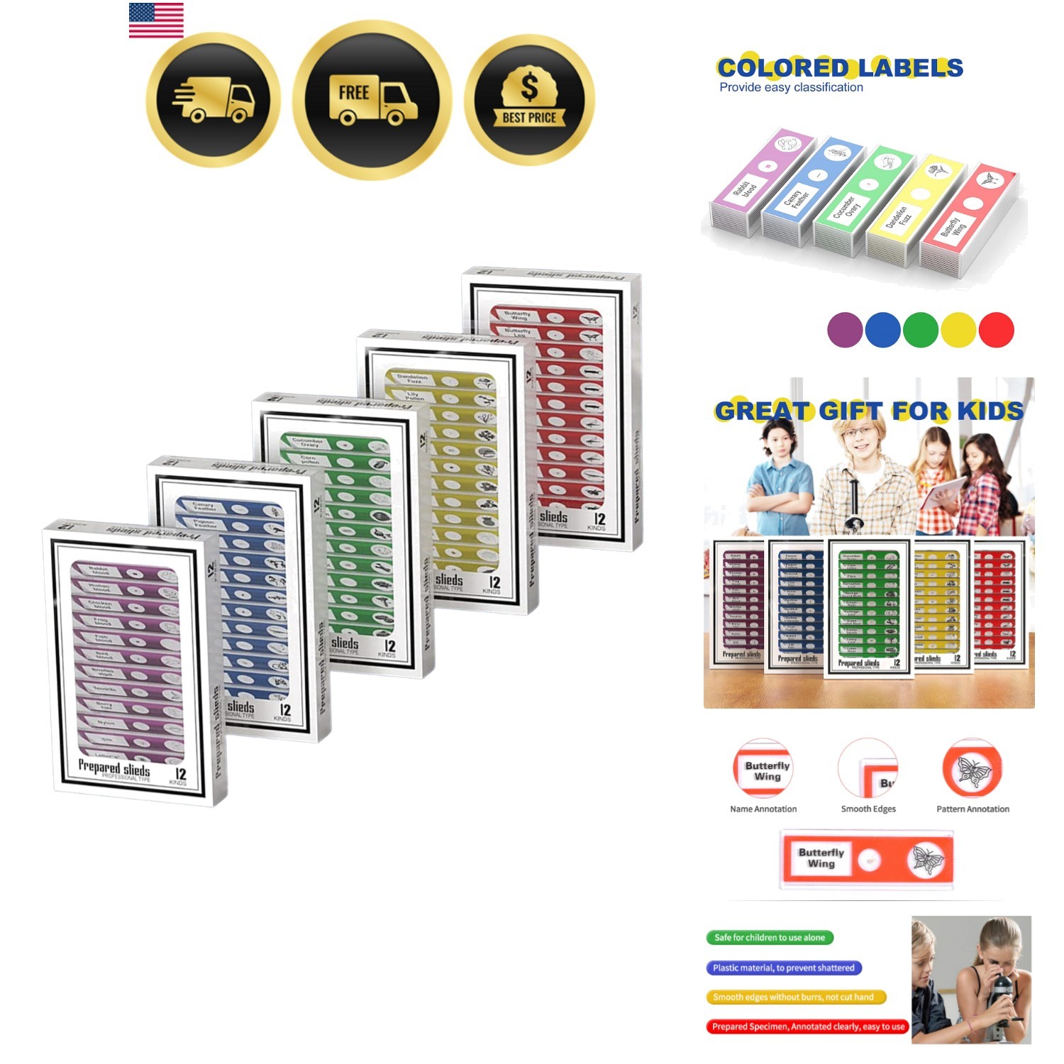 Plastic Prepared Microscope Slides for Kids, 60pcs Animals Insects Plants Flo...