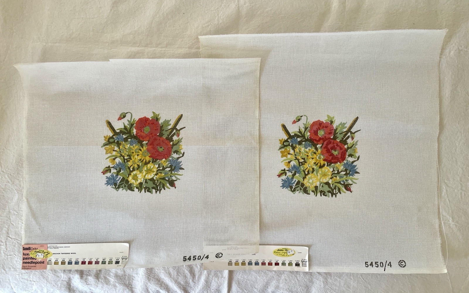 VTG 1974 Pair Scovill Dritz Luxury Painted Canvas 26pt Needlepoint Chair Seats