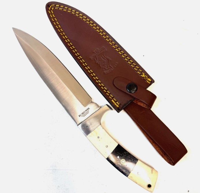 12” Hunting fruit Knife with leather sheath, white and black bone handle