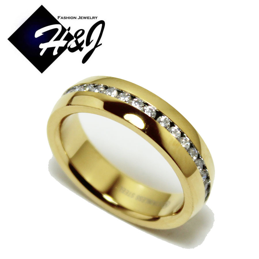 Men's Women's Stainless Steel 6mm Gold Plated Eternity Cubic Zirconia Band Ring