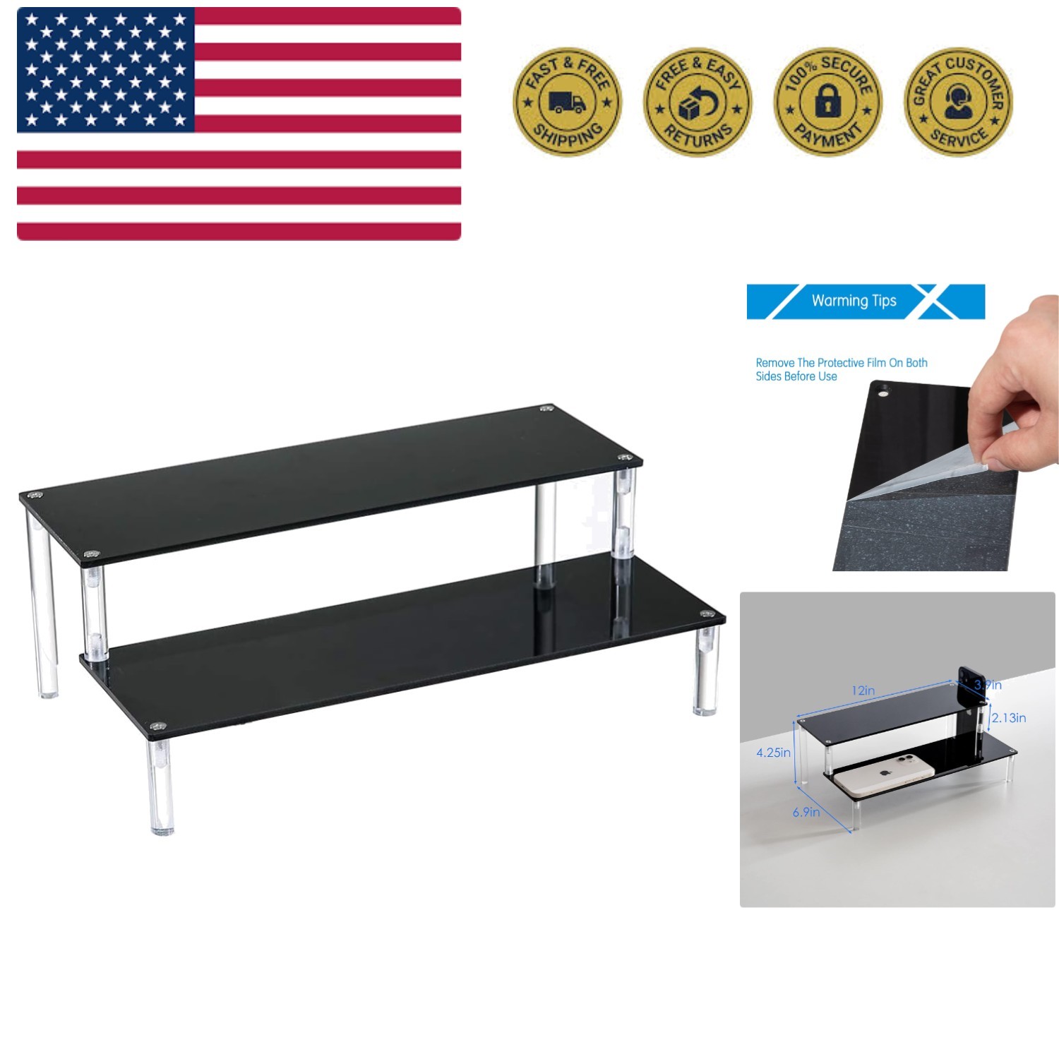 Acrylic Black 2-Tier Riser Display Shelf for Figures, Desserts Holder, Collec...