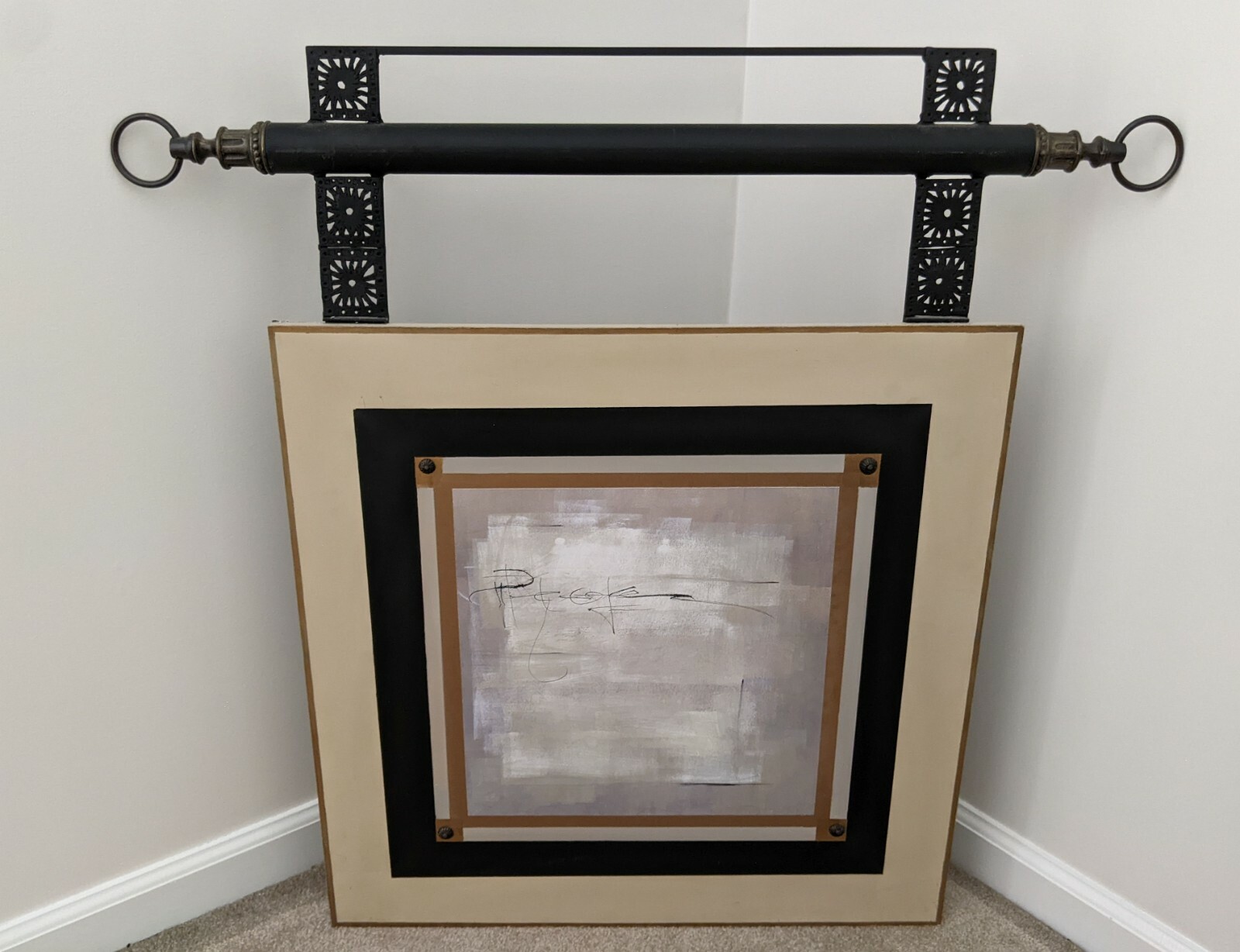 John Richard Neiman Marcus Mixed Media Art Wrought Iron Scroll & Wood Tapestry