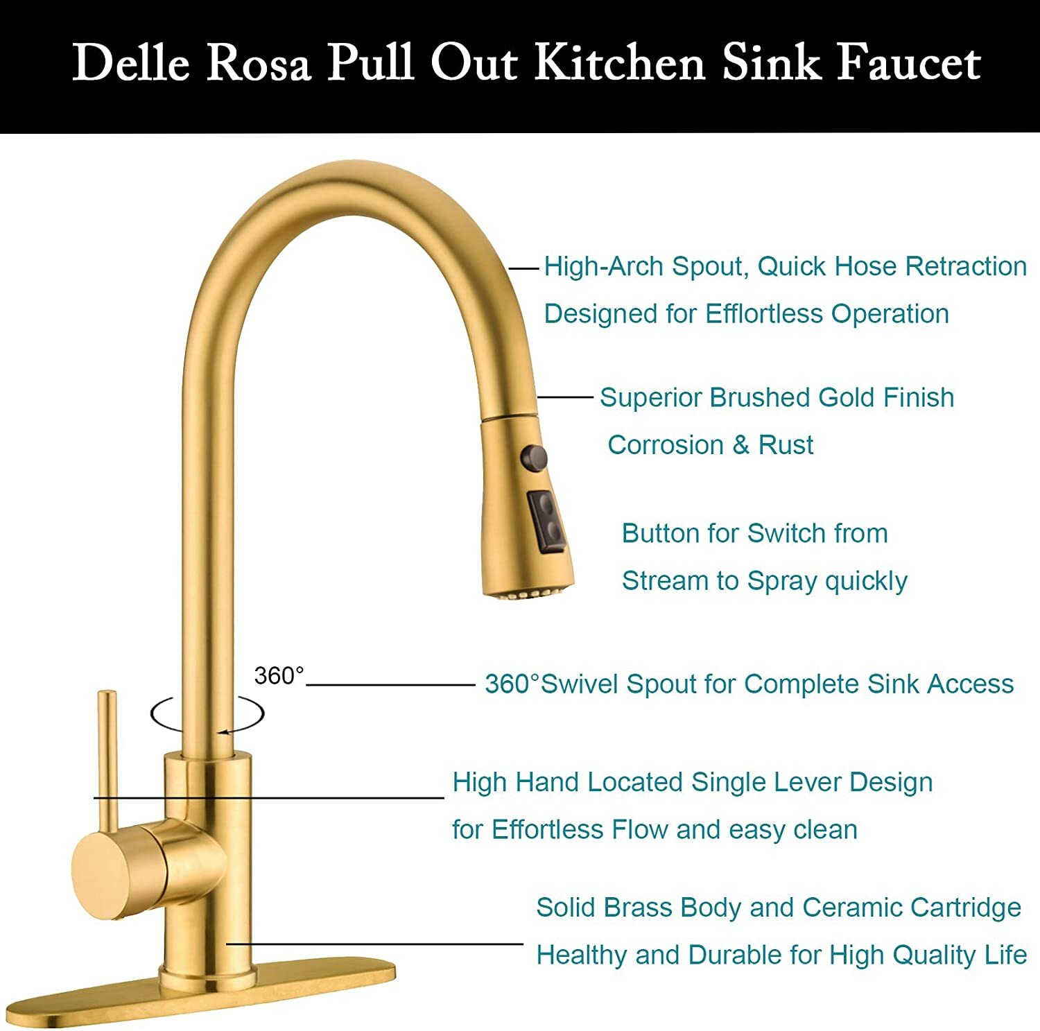 Kitchen Sink Faucet Brushed Gold Pull Down Sprayer Single Handle Mixer w/Cover
