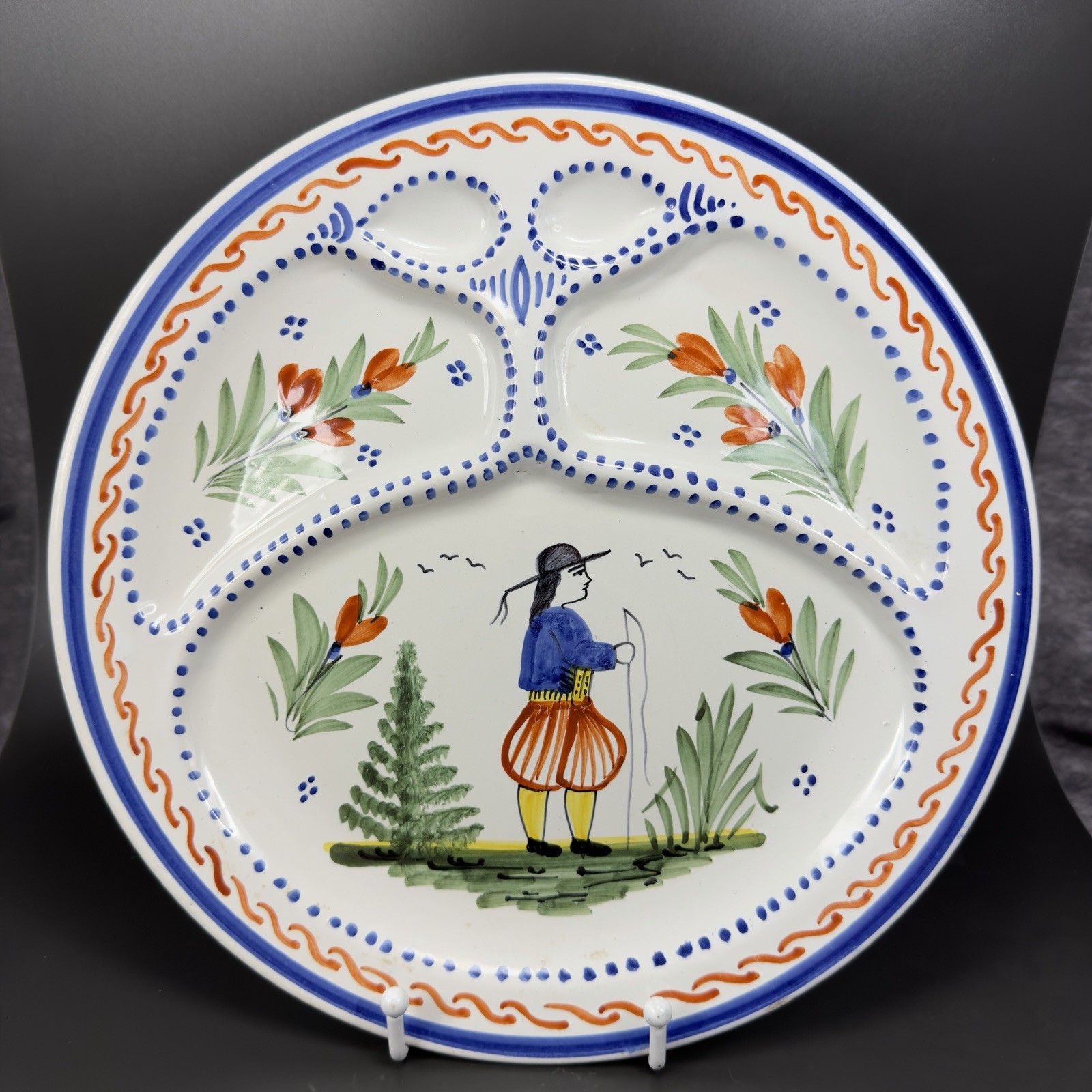 HB Quimper Divided Plate Dish Breton Boy French Faience Pottery 11inch Dish VTG