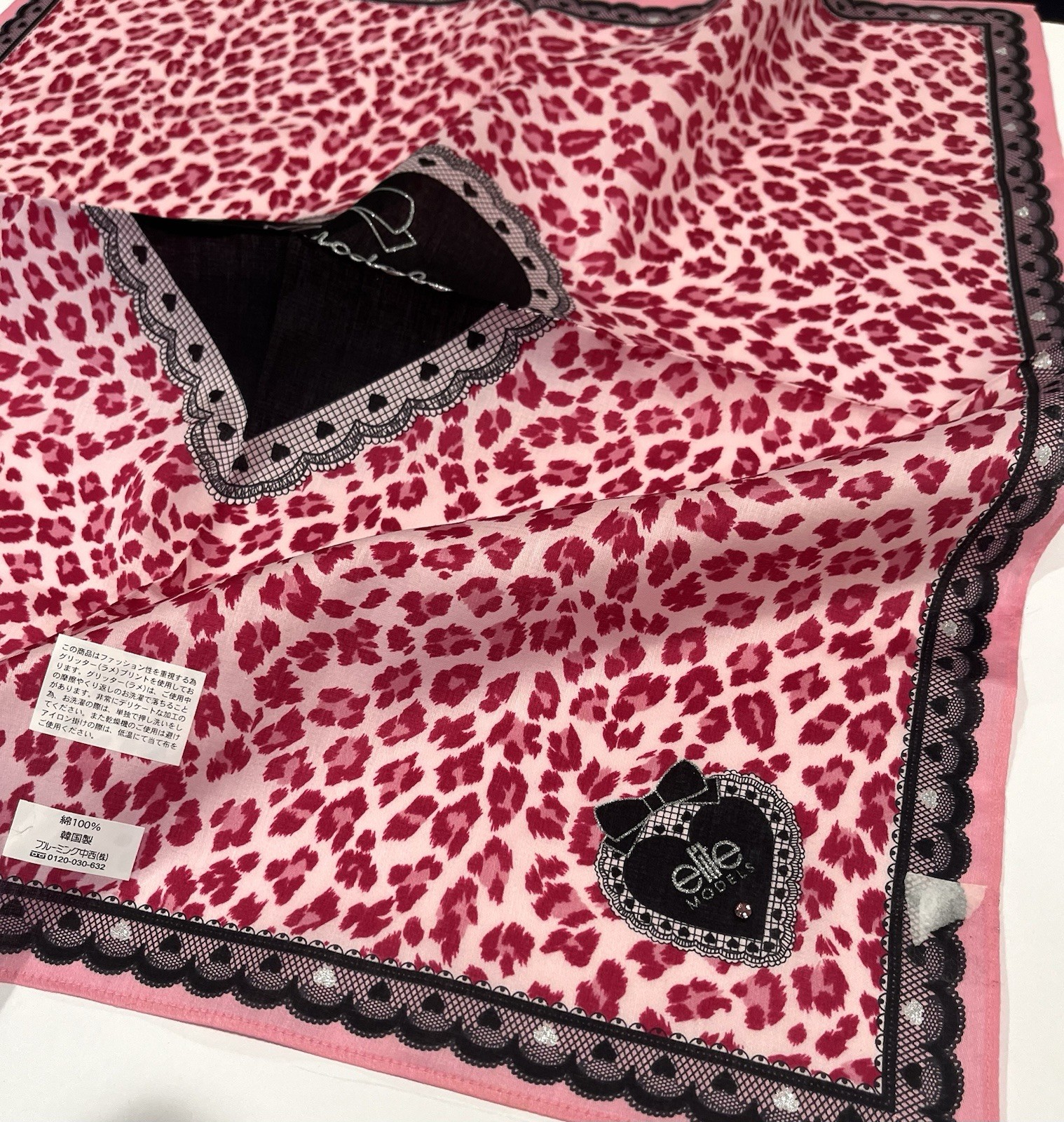 Handkerchief VTG Scarf Women Elile Models Leopard Heart,Pink Cotton Square 20”