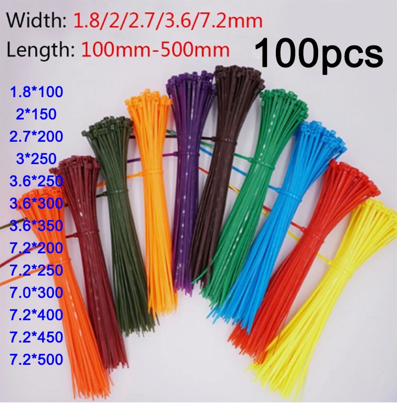100Pcs Nylon Cable Ties Zip Ties Various Color Width 1.8-7.2mm Length 100-500mm