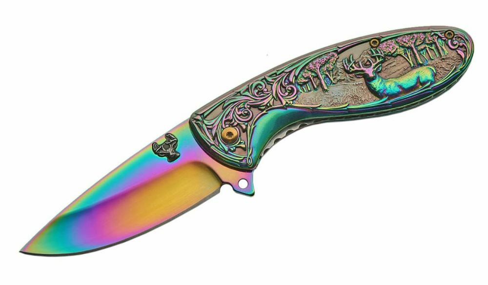 Spring-Assist Folding Pocket Knife | Easy Open 3.5" Blade Rainbow Deer Hunter