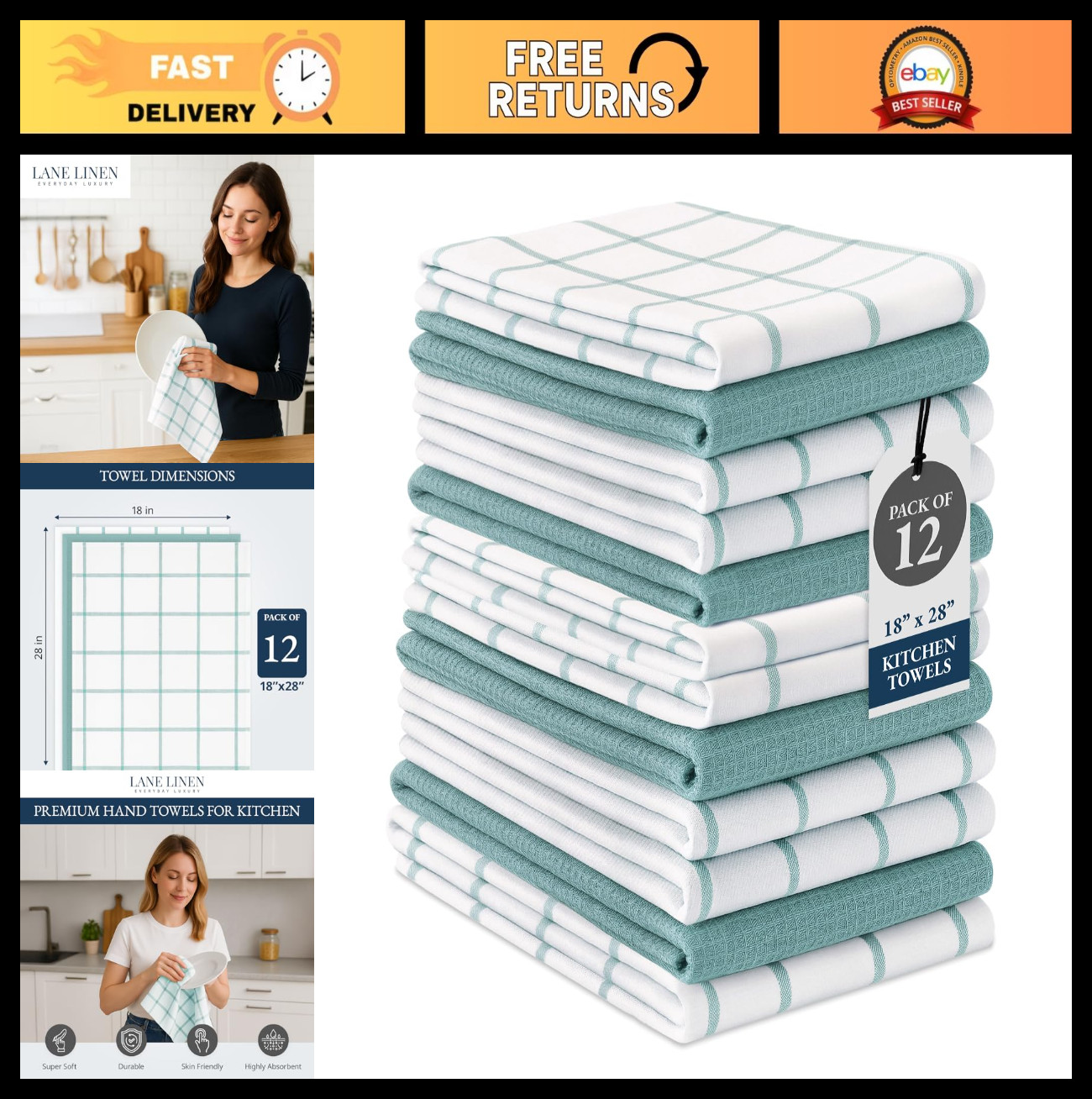 12-Pack Cotton Kitchen Towels & Dishcloths - Quick-Drying, Absorbent, Soft - Aqu