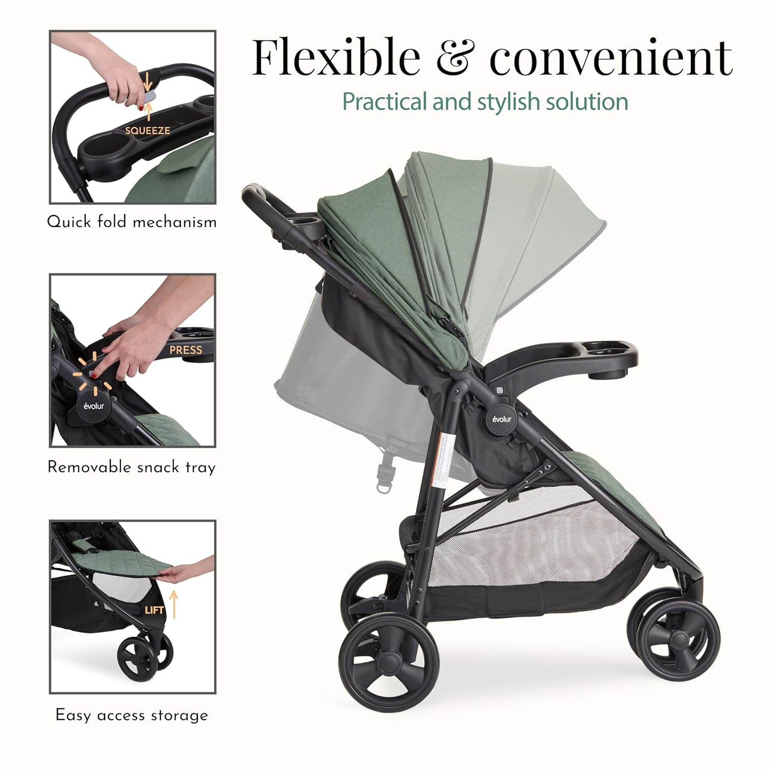 Breeze Stroller in Green, Adjustable Backrest & Canopy, Compact Fold Lightweight