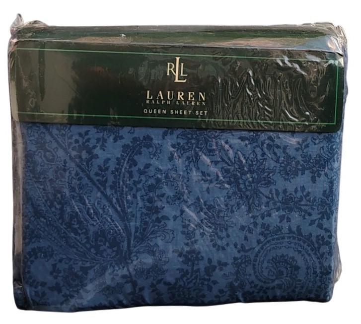 Ralph Lauren Paisley Lace Blue Queen Sheet Set - 4 Pieces - New