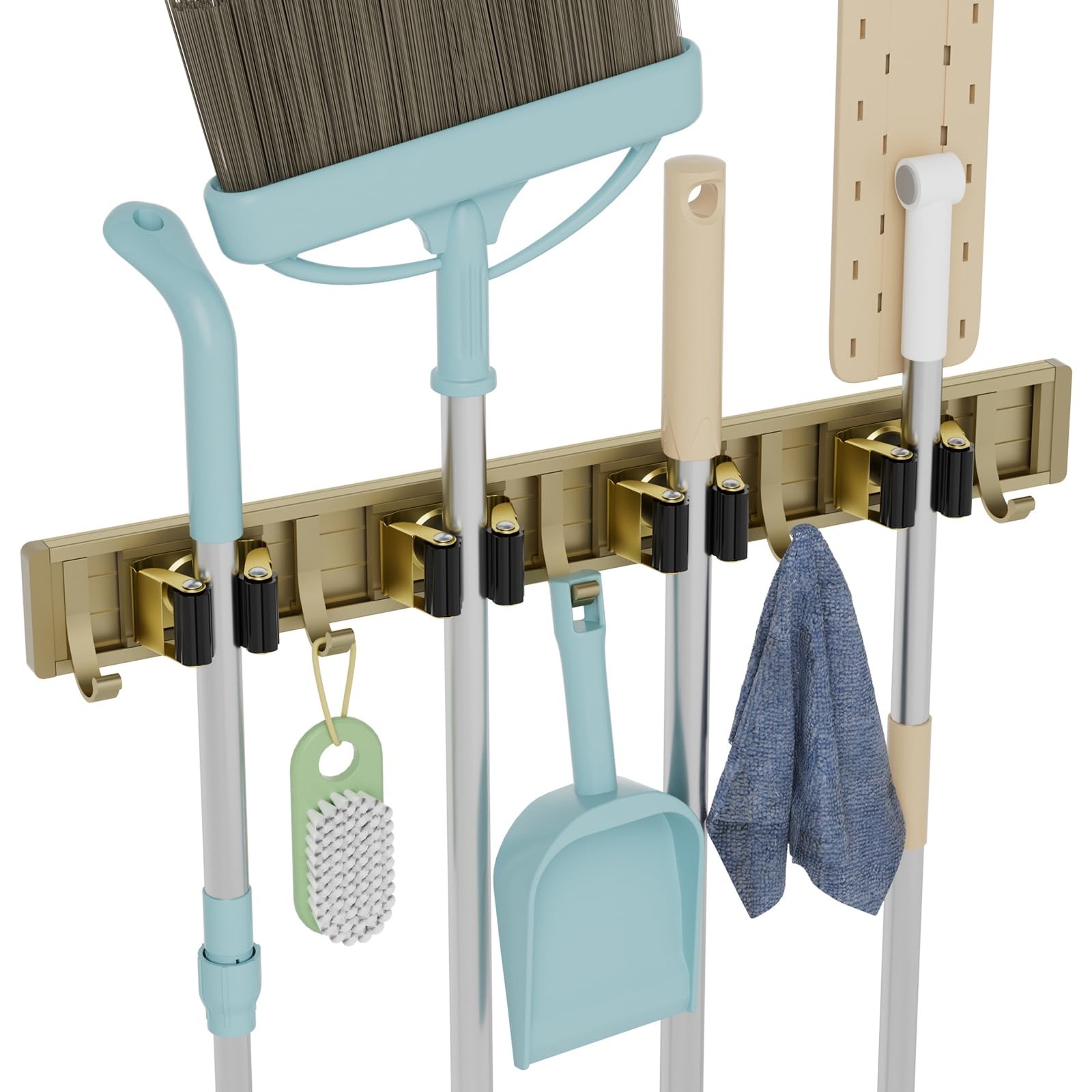 reliahom Broom Holder Wall Mount, 4 Racks with 5 Hooks Bronze - Mop Storage T...