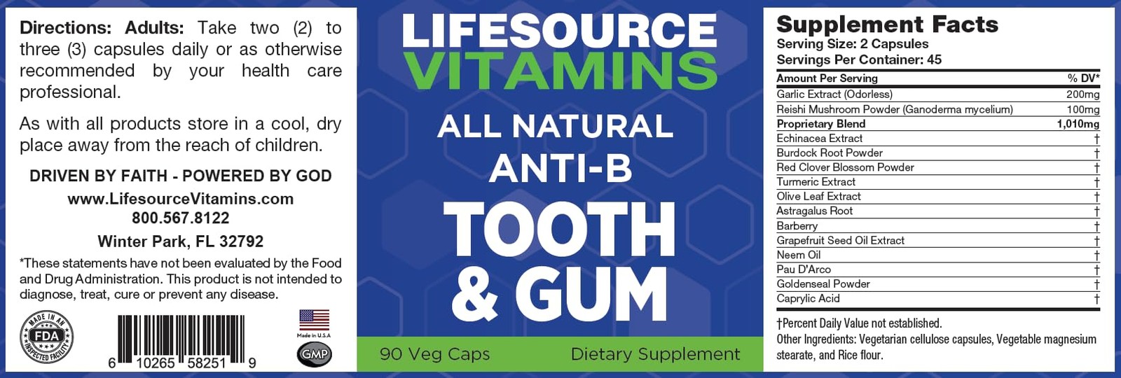 LifeSourceVitamins Tooth Gum - Anti-B - Support - 90 Caps - Proprietary Form...