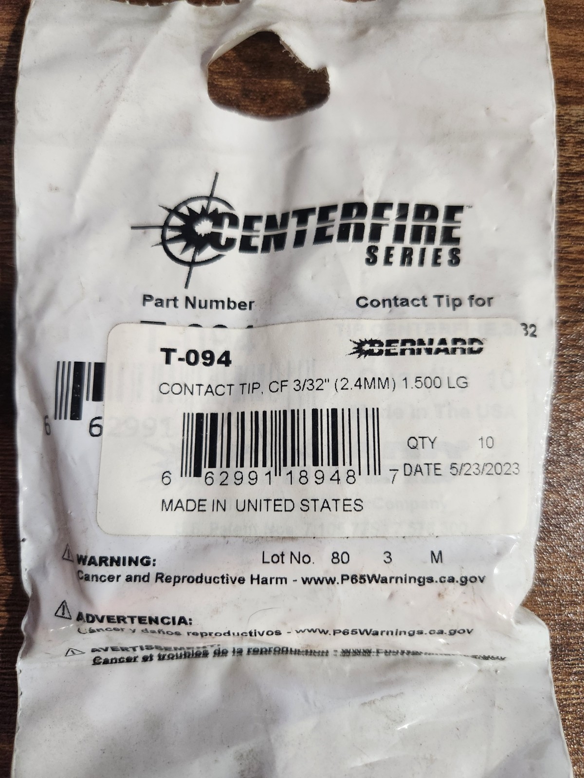 Bernard T-094 Centerfire Contact Tip, 3/32"(2.4MM)X1.5", 10/PACK