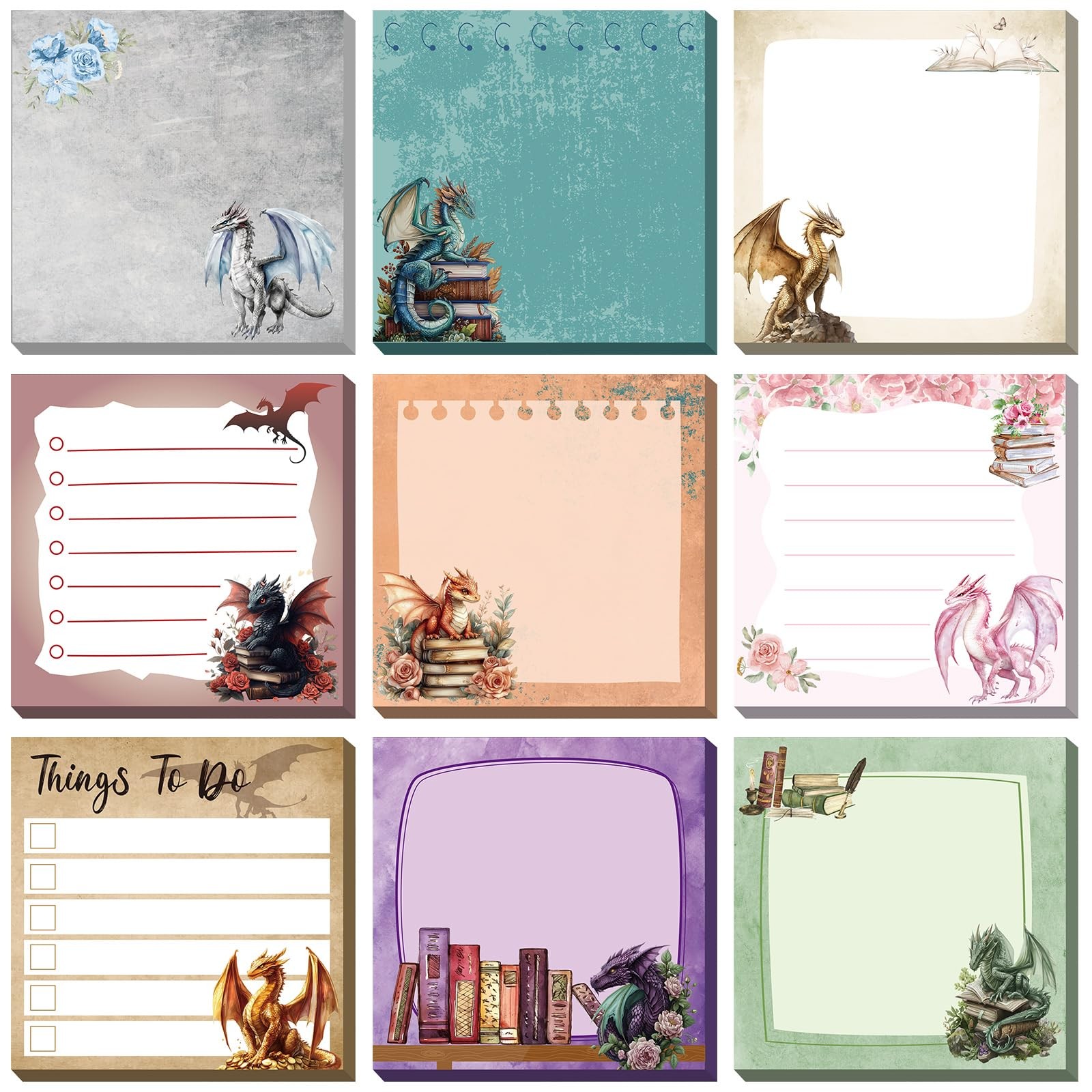 Saypacck 9 Pads Dragon Sticky Notes 3x3 Inch Cute Self Stick Notepads Notes Adhe