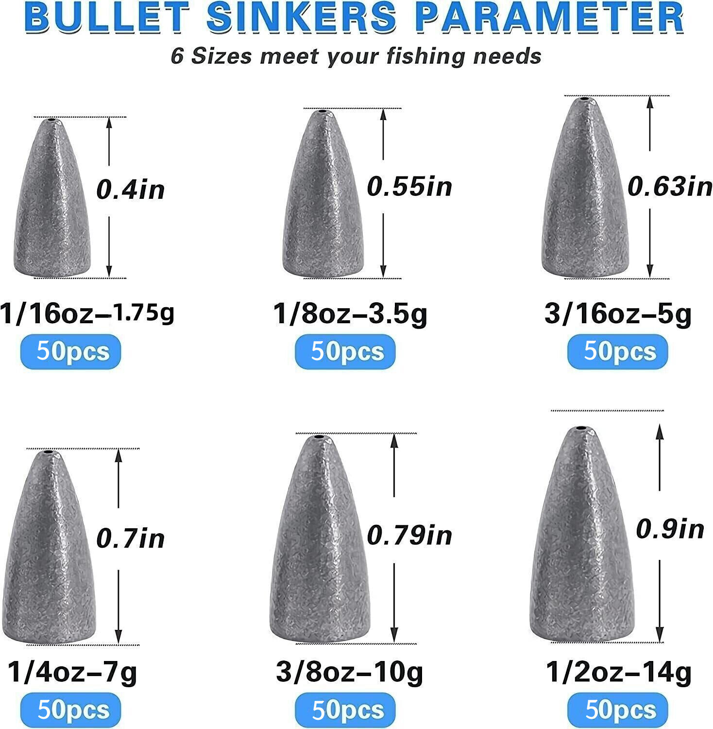 50PC Bullet Fishing Weights Sinkers Bass Worm Weights Slip Sinker Assorted Set