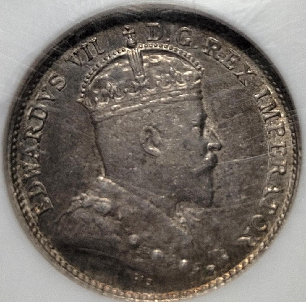 1902  EDWARD VII, CANADA 5 CENT COIN, NGC AU 55