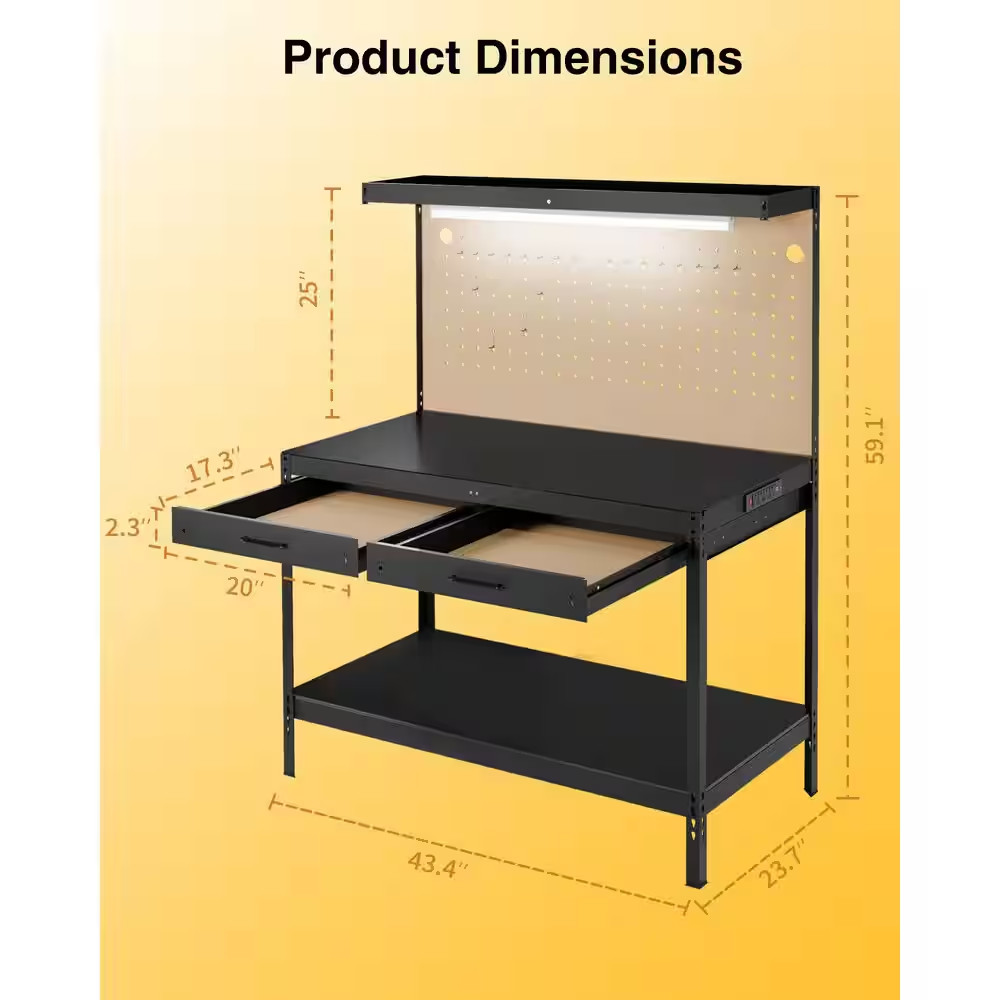 600 Lbs. Capacity Workbench W/ 120-Volt LED Work Light, A3 Steel Work Table for