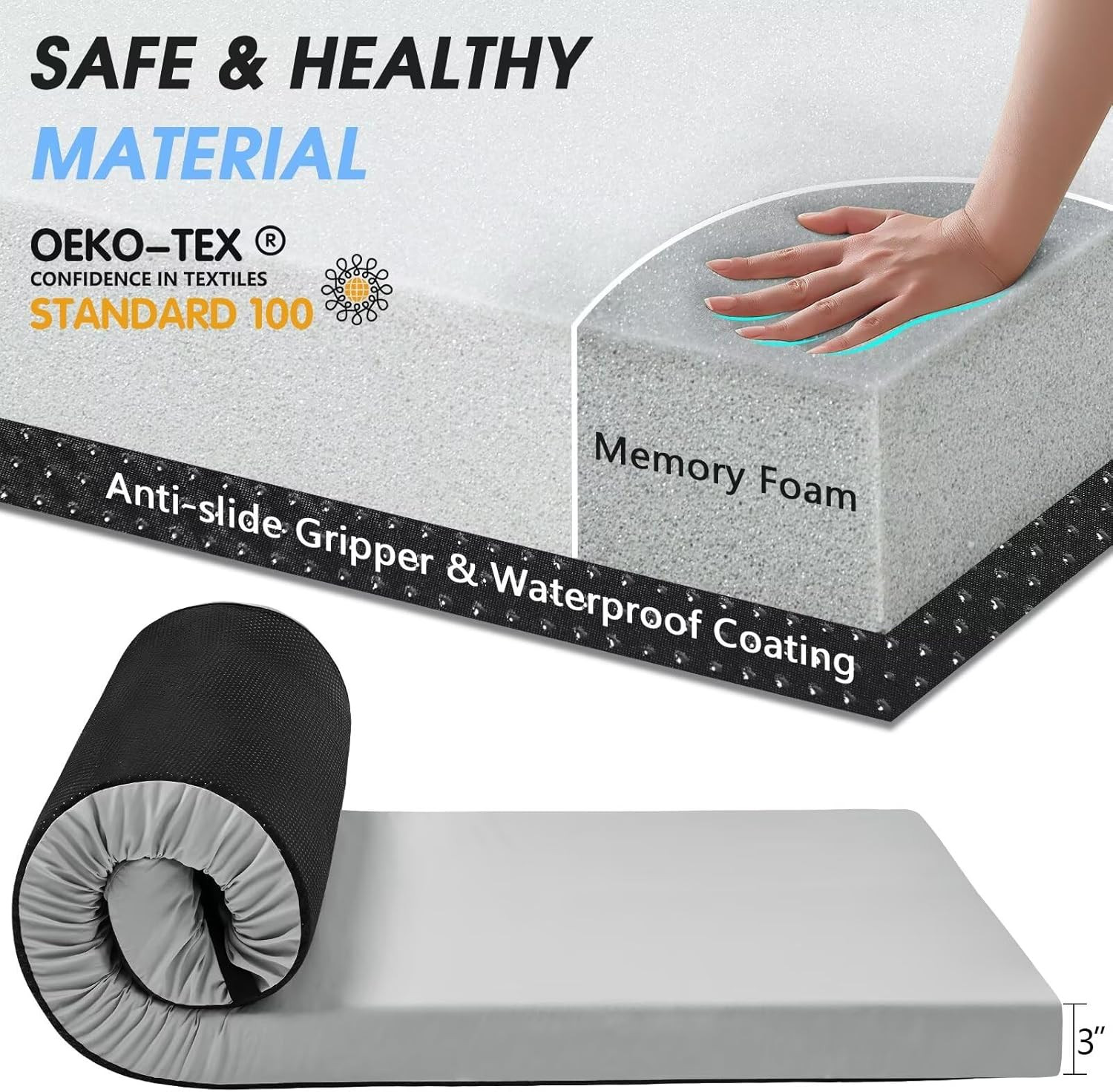 Memory Foam Camping Mattress Pad,3Inch Sleeping Pad for Camping,Non-Slip Bottom