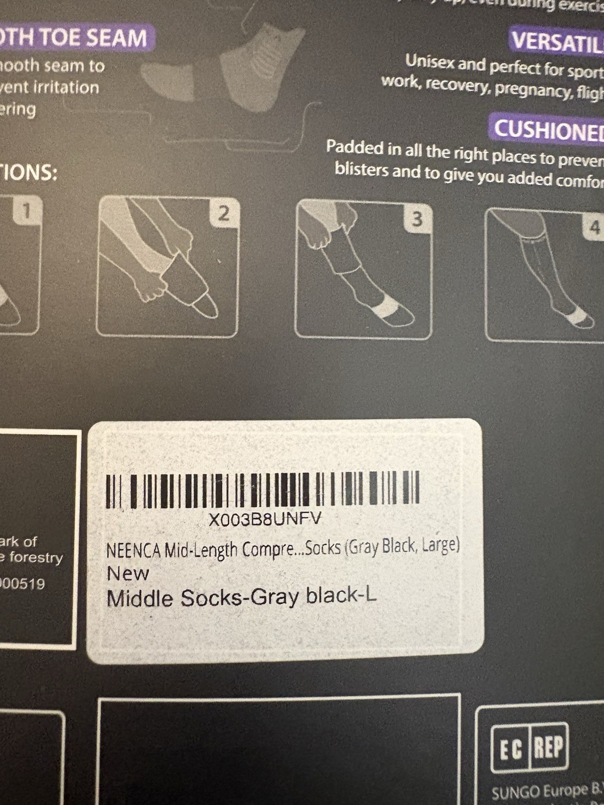 NEENCA Cushioned Compression Socks Gray/Black Non-Slip Cuff Nylon/Spandex 1 Pair