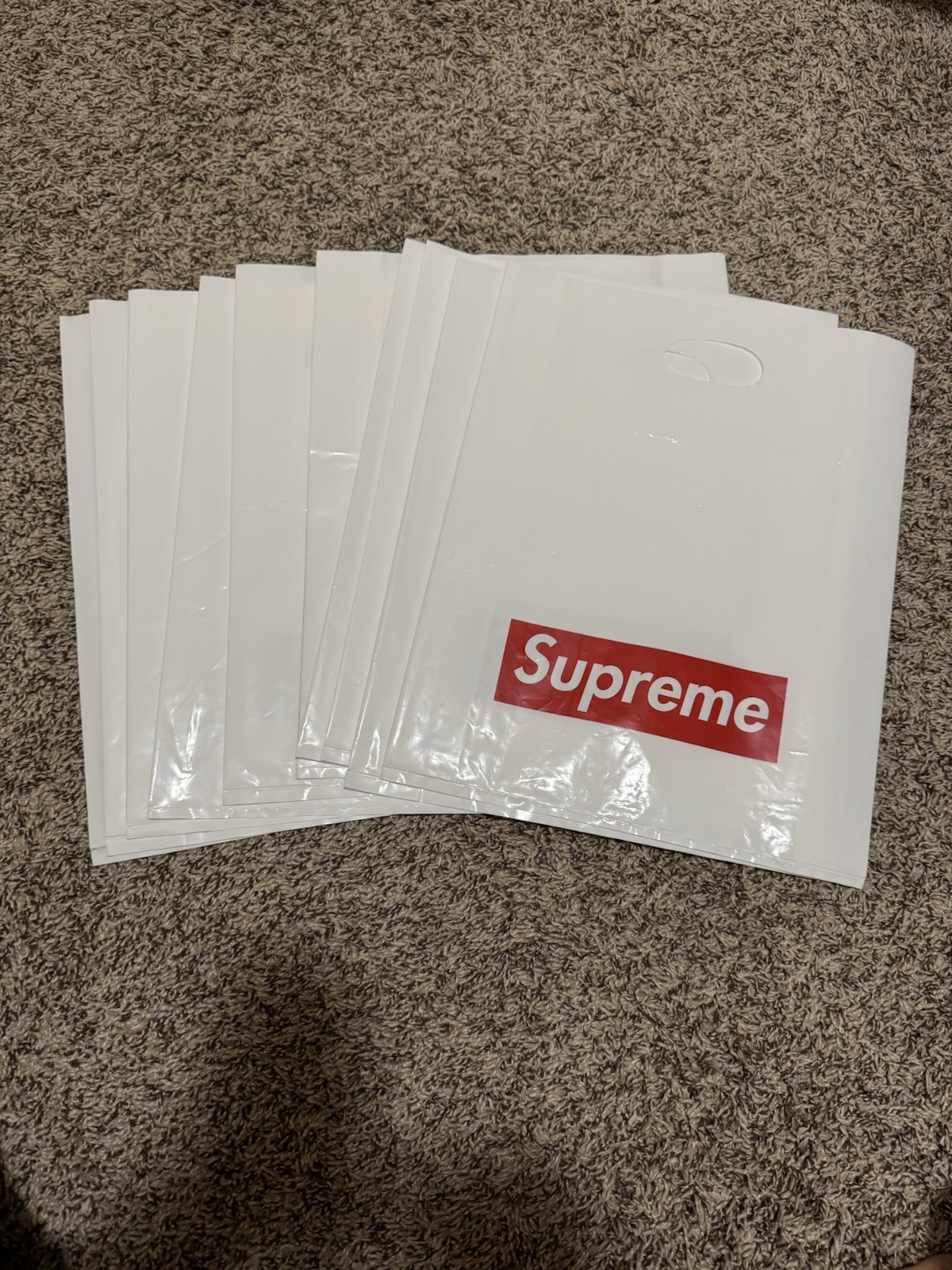 Lot of 10 - Supreme White Plastic Shopping Bags Red Box Logo - 16” X 13”