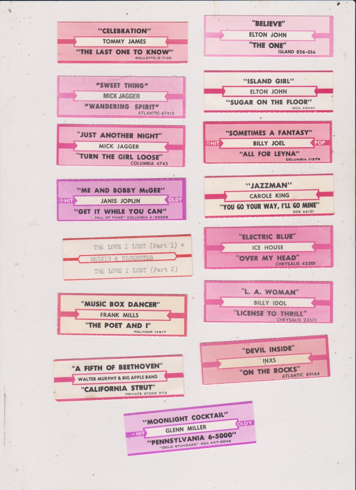 15 ROCK- JUKEBOX TITLE STRIPS LOT 11.FREE SHIPPING IN U S